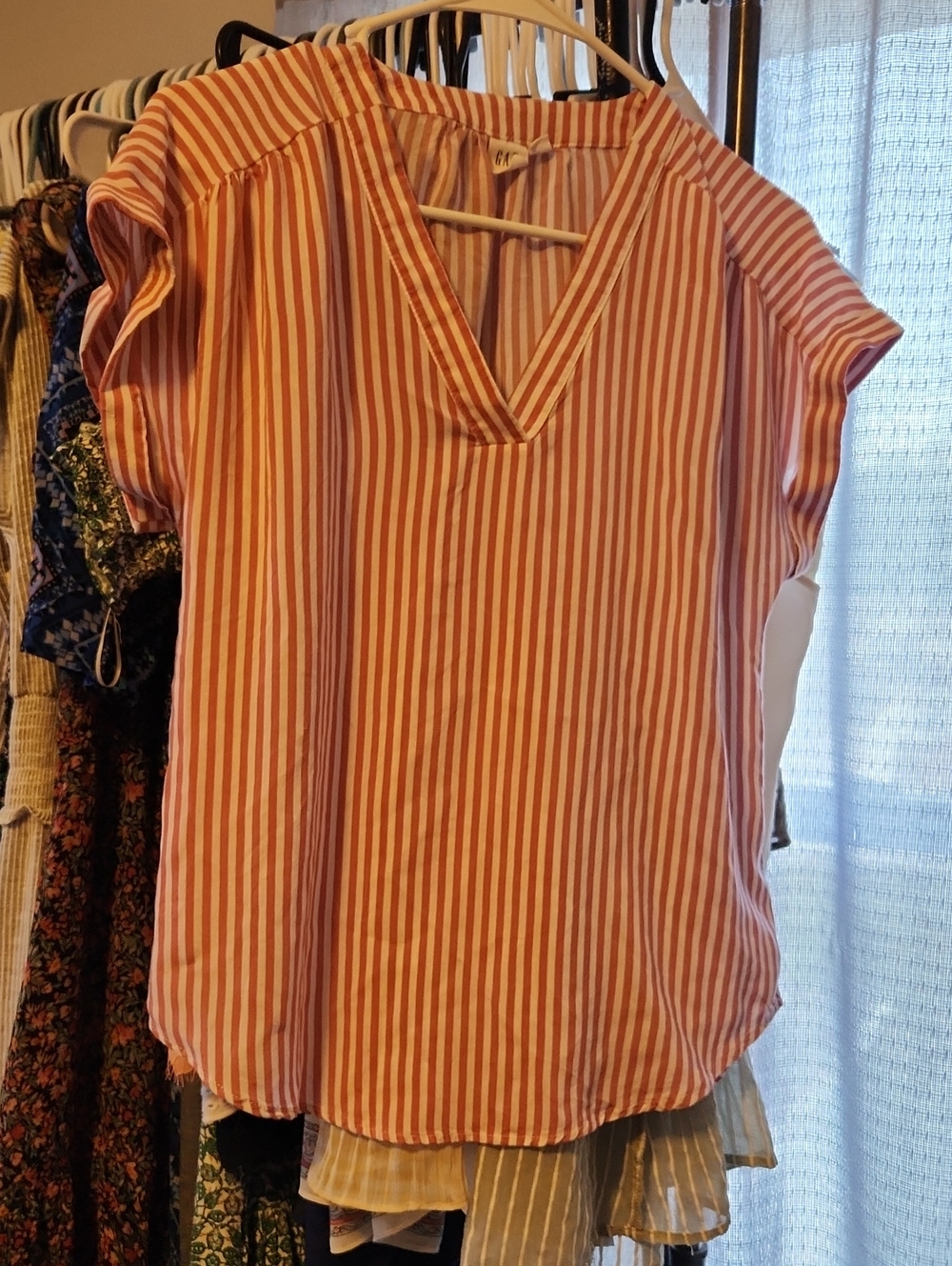 GAP Red and White Striped V-Neck Blouse